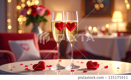 close up of champagne glasses with hearts close up of champagne glasses with hearts 135175911
