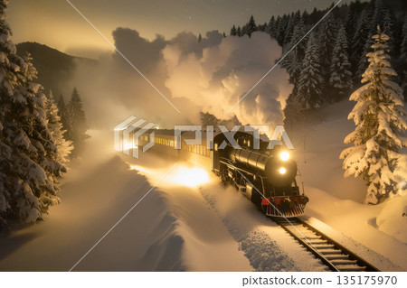 a steam train traveling through a snowy landscape 135175970