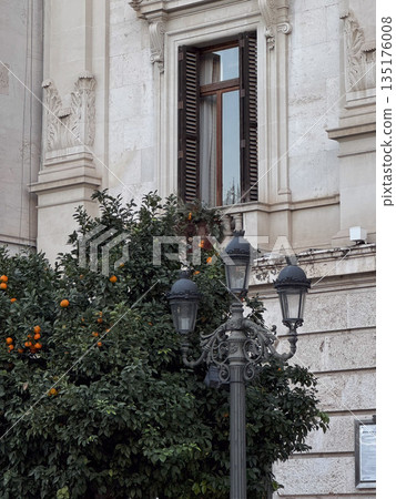 Charming Valencia Architecture with Orange Trees and Street Lamp 135176008