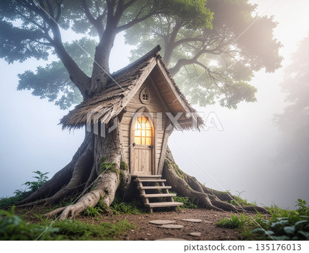 the wooden treehouse in a dreamlike landscape 135176013