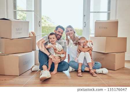 Portrait, parents and kids on floor of new house, real estate and property loan for family home. Happy children, mom and dad moving together for building investment, mortgage and boxes in apartment Portrait, parents and kids on floor of new house, real estate and property loan for family home. Happy children, mom and dad moving together for building investment, mortgage and boxes in apartment 135176047