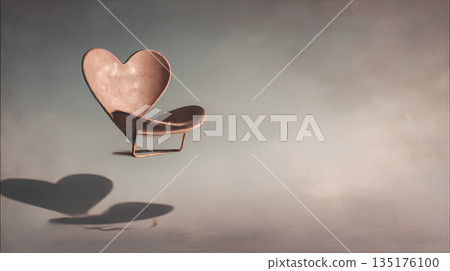 一張心形椅子漂浮在白色的空間：象徵內省和情感 135176100