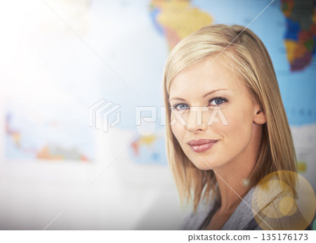 Travel agency, face portrait and happy woman, business agent or consultant working on planning global tour. Tourism industry, office lens flare and confident person smile for route journey plan Travel agency, face portrait and happy woman, business agent or consultant working on planning global tour. Tourism industry, office lens flare and confident person smile for route journey plan 135176173