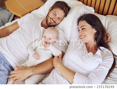 Top view of mother, father and baby on bed for love, care and quality time together. Happy parents, family and newborn kid relaxing in bedroom with support, childhood development and bonding at home Top view of mother, father and baby on bed for love, care and quality time together. Happy parents, family and newborn kid relaxing in bedroom with support, childhood development and bonding at home 135176249