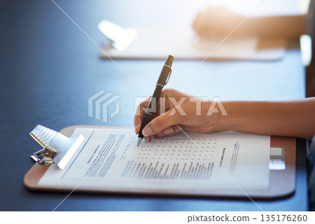 Clipboard, hands and writing on document with pen for survey on table mockup. Filling in paperwork, questions and woman with application form, checklist or test, examination and review for assessment Clipboard, hands and writing on document with pen for survey on table mockup. Filling in paperwork, questions and woman with application form, checklist or test, examination and review for assessment 135176260