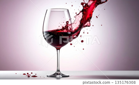 A picture of fresh red wine being poured into a wine glass, with beautiful droplets of mist splashing against a white background. 135176308