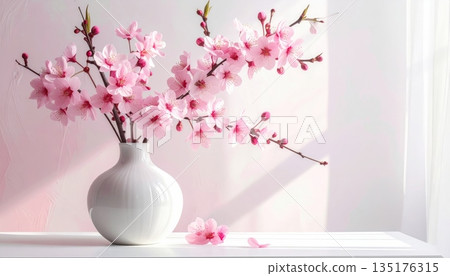 A beautiful bouquet of pink flowers in a glass vase adds a touch of natural beauty. 135176315
