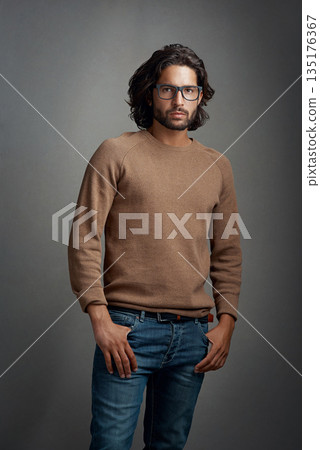Glasses, portrait and serious man in studio isolated on a gray background. Face, spectacles and handsome male person from Brazil with eyewear or frames for fashion, stylish and aesthetic mockup. Glasses, portrait and serious man in studio isolated on a gray background. Face, spectacles and handsome male person from Brazil with eyewear or frames for fashion, stylish and aesthetic mockup. 135176367