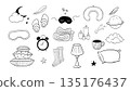 Sleep set hand drawn night symbols doodle. Pillow line bedroom relax, sleeping mask, stars and moon. Warm cozy clothes, socks. Sleepy mood,  135176437