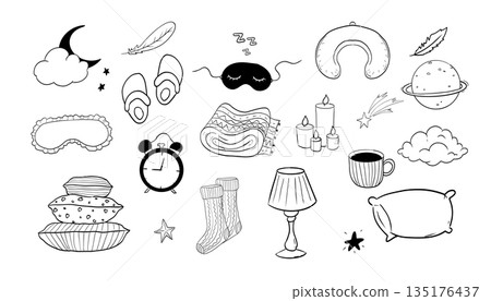 Sleep set hand drawn night symbols doodle. Pillow line bedroom relax, sleeping mask, stars and moon. Warm cozy clothes, socks. Sleepy mood, Sleep set hand drawn night symbols doodle. Pillow line bedroom relax, sleeping mask, stars and moon. Warm cozy clothes, socks. Sleepy mood, 135176437