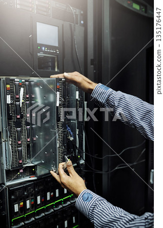 Control room, hardware or hands of technician fixing online cybersecurity glitch, machine or servers system. IT support, data center or closeup of engineer with inspection for information technology Control room, hardware or hands of technician fixing online cybersecurity glitch, machine or servers system. IT support, data center or closeup of engineer with inspection for information technology 135176447