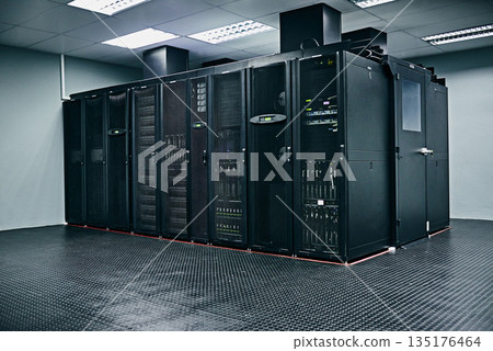 Server room, empty or hardware electronics for internet connection, admin servers or cyber security system. IT support background, information technology electronics or modern machine in data center 135176464