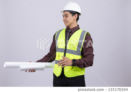 Engineer in safety vest pointing with plan Engineer in safety vest pointing with plan 135176504