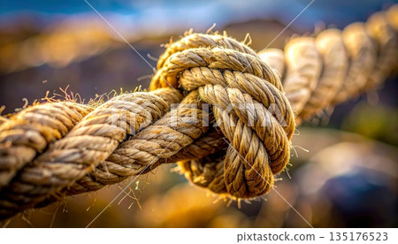 A close-up image of a strong, brown jute rope tied in a nautical knot. A close-up image of a strong, brown jute rope tied in a nautical knot. 135176523