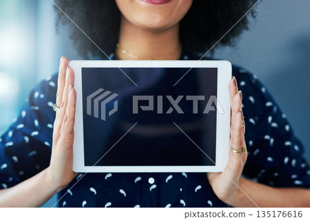 Hands, woman and tablet with mockup screen for website, internet and network promotion. Technology, display space and digital advertising for logo, brand or app ux with a female model or user Hands, woman and tablet with mockup screen for website, internet and network promotion. Technology, display space and digital advertising for logo, brand or app ux with a female model or user 135176616