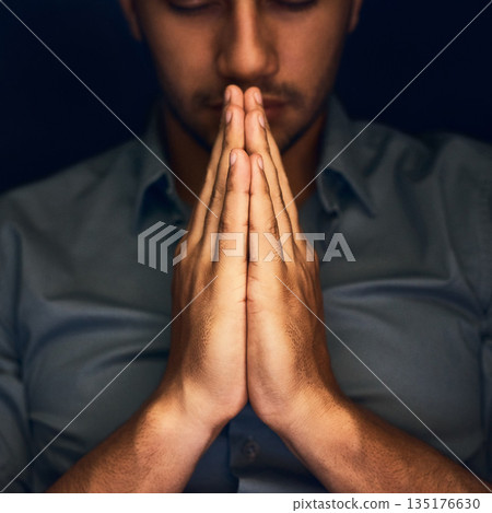 God, worship and man with hands praying for help, hope and guidance in dark studio. Pray, thank you and Christian male in prayer for hope, gratitude and holy praise, faith or blessing to Jesus Christ God, worship and man with hands praying for help, hope and guidance in dark studio. Pray, thank you and Christian male in prayer for hope, gratitude and holy praise, faith or blessing to Jesus Christ 135176630
