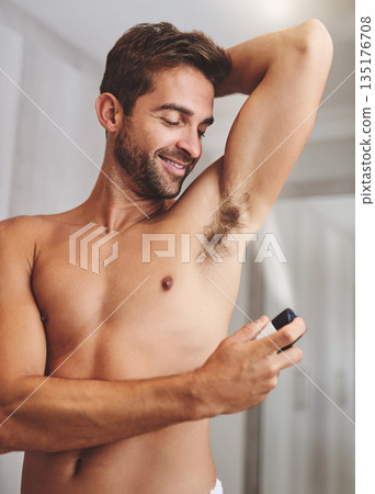 Deodorant, clean spray and man in bathroom for hygiene, shower and perfume to control underarm sweating. Happy shirtless guy, armpit and fragrance cosmetics for skincare, body product and male beauty Deodorant, clean spray and man in bathroom for hygiene, shower and perfume to control underarm sweating. Happy shirtless guy, armpit and fragrance cosmetics for skincare, body product and male beauty 135176708