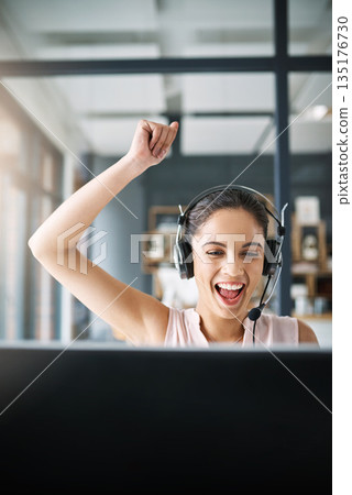 Happy woman, call center and celebration for winning, success or promotion in customer service or telemarketing at the office. Excited female person or consultant agent winner in contact us or sale Happy woman, call center and celebration for winning, success or promotion in customer service or telemarketing at the office. Excited female person or consultant agent winner in contact us or sale 135176730