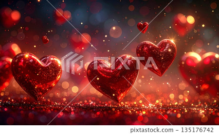 A romantic Valentine's Day illustration featuring a striking red heart on a black background. 135176742