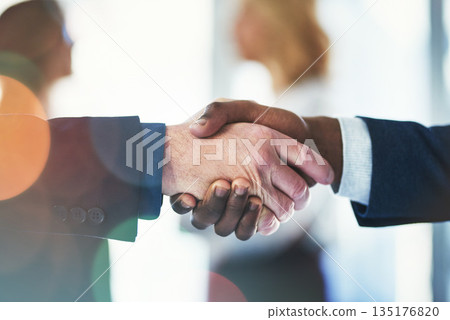 Business people, closeup and shaking hands in agreement with human resources, b2b deal or welcome for hiring. Team building, handshake and connect for synergy, trust and partnership in collaboration 135176820