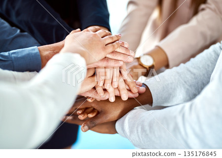 Team building, support or hands of business people in huddle for, partnership, support or community mission. Trust, motivation or closeup of corporate group of workers with goals or target in meeting Team building, support or hands of business people in huddle for, partnership, support or community mission. Trust, motivation or closeup of corporate group of workers with goals or target in meeting 135176845