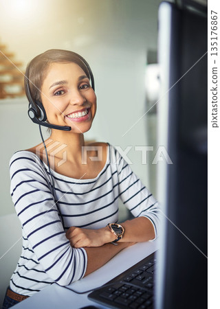 Call center, customer support and portrait of happy woman on computer for consulting, help and advice. Telemarketing, communication and female consultant for contact, crm service or network in office Call center, customer support and portrait of happy woman on computer for consulting, help and advice. Telemarketing, communication and female consultant for contact, crm service or network in office 135176867