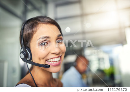 Call center, customer service and happy portrait of woman for consulting, help and advice. Telemarketing, communication and female consultant smile for contact, crm support and networking in office 135176870