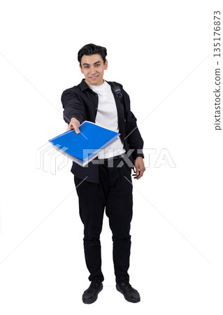 Businessman in a suit walking with a blue folder Businessman in a suit walking with a blue folder 135176873