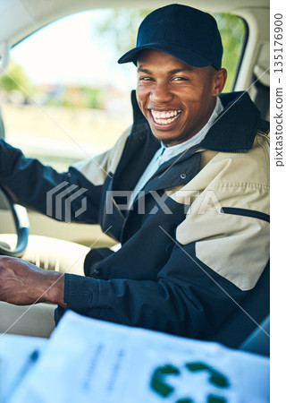 Delivery, courier driver and portrait of black man for distribution, shipping logistics and transport. Ecommerce, supply chain and happy male worker in car or van to deliver package, order and parcel Delivery, courier driver and portrait of black man for distribution, shipping logistics and transport. Ecommerce, supply chain and happy male worker in car or van to deliver package, order and parcel 135176900