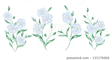 Green leaves and blue flax floral elements set, hand painted watercolor illustration. Suitable for St Patricks Day patterns, stationery, greeting cards, textile prints, and botanical themed designs Green leaves and blue flax floral elements set, hand painted watercolor illustration. Suitable for St Patricks Day patterns, stationery, greeting cards, textile prints, and botanical themed designs 135176908