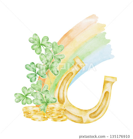 Golden horseshoe with rainbow, shamrocks and scattered coins, hand painted watercolor illustration. Ideal for St Patricks Day party invitations, posters, apparel graphics, stickers Golden horseshoe with rainbow, shamrocks and scattered coins, hand painted watercolor illustration. Ideal for St Patricks Day party invitations, posters, apparel graphics, stickers 135176910