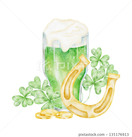 Green beer glass with golden horseshoe and shamrocks, hand painted watercolor illustration. Ideal for St Patricks Day greeting cards, bar menus, posters, apparel prints Green beer glass with golden horseshoe and shamrocks, hand painted watercolor illustration. Ideal for St Patricks Day greeting cards, bar menus, posters, apparel prints 135176913