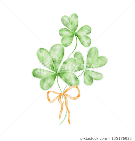 Green shamrock bouquet tied with orange ribbon, hand painted watercolor illustration. Great for St Patricks Day cards, invitations, stationery, classroom materials, planners, scrapbooks 135176923