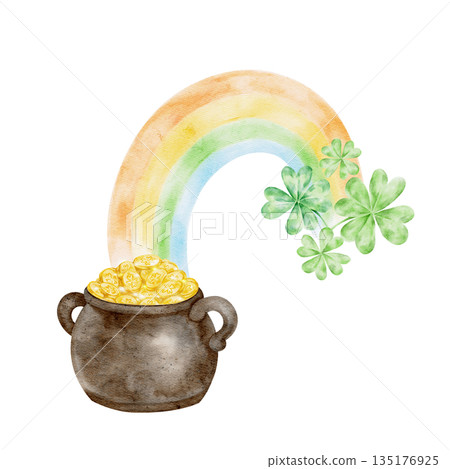 Pot of gold with rainbow and shamrock accent, hand painted watercolor illustration. Suitable for St Patricks Day greeting cards, posters, party flyers, educational materials, apparel Pot of gold with rainbow and shamrock accent, hand painted watercolor illustration. Suitable for St Patricks Day greeting cards, posters, party flyers, educational materials, apparel 135176925