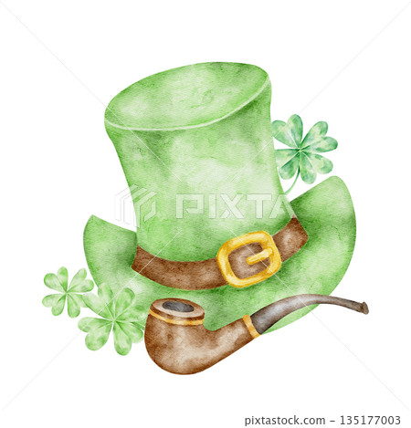 Green leprechaun hat with brown belt and shamrock accents, hand painted watercolor illustration. Suitable for St Patricks Day invitations, kids party designs, apparel prints, stickers, planners 135177003