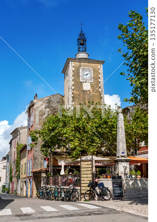 Aiguines, France - Sep 22, 2025: Picturesque old houses in the city of Aiguines in France nearby Lac de Sainte Croix. Aiguines, France - Sep 22, 2025: Picturesque old houses in the city of Aiguines in France nearby Lac de Sainte Croix. 135177130