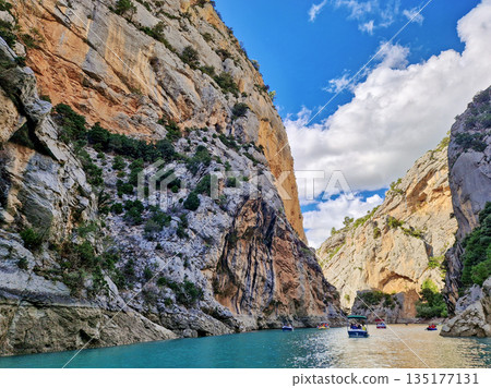 Boat trip on turquoise water of mountain canyon, Verdon Gorge in 135177131