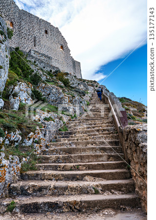 Aude, France - Sep 24, 2025: The Cathar medieval castle of Peyrepertuse in the Aude department, Pyrenees in France Aude, France - Sep 24, 2025: The Cathar medieval castle of Peyrepertuse in the Aude department, Pyrenees in France 135177143