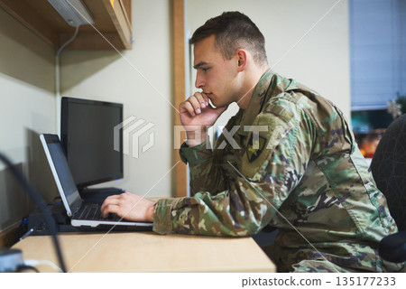 Laptop, thinking and military man with security software, online research and law academy in office. Planning, soldier or young army person on computer, internet search or website information check Laptop, thinking and military man with security software, online research and law academy in office. Planning, soldier or young army person on computer, internet search or website information check 135177233