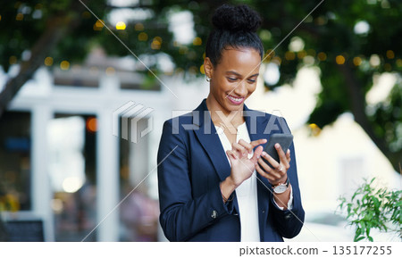 Search, smile and phone with business woman in city for networking, connection and internet. Communication, technology and contact with person browsing online for social media, email and message 135177255