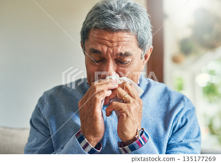 Senior man, sick and blowing nose in home from virus, allergy and illness on couch. Tired, tissue and elderly male person in a house lounge with sneeze from covid and flu on a sofa with allergies Senior man, sick and blowing nose in home from virus, allergy and illness on couch. Tired, tissue and elderly male person in a house lounge with sneeze from covid and flu on a sofa with allergies 135177269
