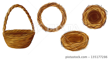 Set, clip art of brown wreath round, wicker basket, nests made of branches and viness, no leaves. Watercolor digital illustration 135177286