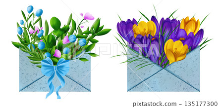 Set of blue berries, pink flowers, blue birds, violet and yellow crocuses in blue envelope with bow Set of blue berries, pink flowers, blue birds, violet and yellow crocuses in blue envelope with bow 135177300