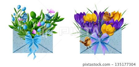 Set of blue berries, pink flowers, blue birds, violet and yellow crocuses in blue envelope with bow Set of blue berries, pink flowers, blue birds, violet and yellow crocuses in blue envelope with bow 135177304
