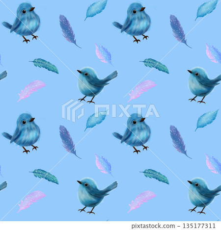 Beautiful blue birds, multicolored feathers on a blue background, seamless delicate pattern 135177311
