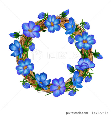 Round Easter wreath, frame with blue and violet liverwort flowers, green branches 135177313