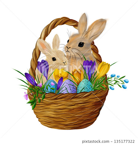 Easter composition in basket with rabbits, colourful eggs, crocuses flowers and green branches 135177322