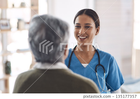 Healthcare, smile and a nurse talking to an old woman about treatment in a nursing home facility. Medical, happy and a female medicine professional chatting to a senior resident during a visit Healthcare, smile and a nurse talking to an old woman about treatment in a nursing home facility. Medical, happy and a female medicine professional chatting to a senior resident during a visit 135177357