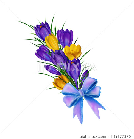 Easter composition bouquet with a violet and yellow crocuses, green branches and violet bow Easter composition bouquet with a violet and yellow crocuses, green branches and violet bow 135177370