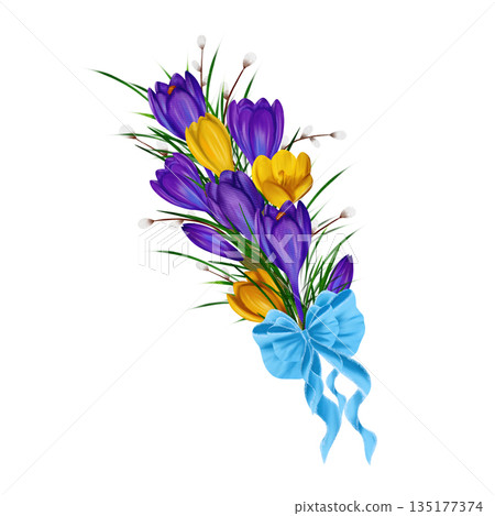 Easter composition bouquet with a violet and yellow crocuses, green branches, willow vines and blue bow 135177374